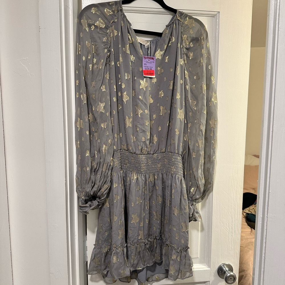 Ramy Brook "Reed Dress" Silver Grey Dress with Gold Stars NWT Size Medium